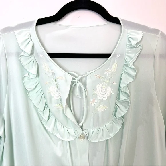 Vintage Mint Green Ruffle Embroidered Button Front Maxi Robe - Picture 7 of 11